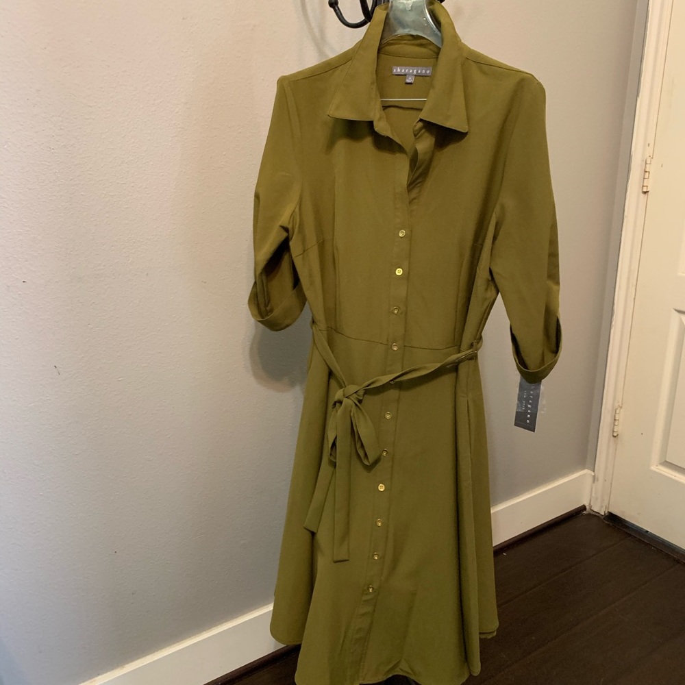 Sharagano Spanish olive fit flare dress 14 NWT